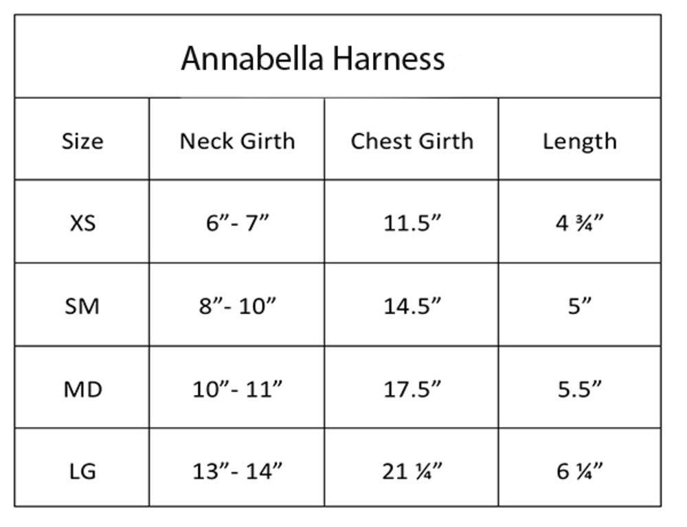 The image displays a size chart for the Hello Doggie Annabella Dog Harness, detailing neck girth, chest girth, and length for XS, SM, MD, and LG sizes