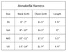 The image displays a size chart for the Hello Doggie Annabella Dog Harness, detailing neck girth, chest girth, and length for XS, SM, MD, and LG sizes