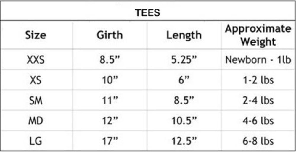 The image displays a size chart for the Hello Doggie Timeless Dog Tee, detailing sizes from XXS to LG with corresponding girth, length, and approximate weight ranges
