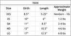 The image displays a size chart for the Hello Doggie Timeless Dog Tee, detailing sizes from XXS to LG with corresponding girth, length, and approximate weight ranges