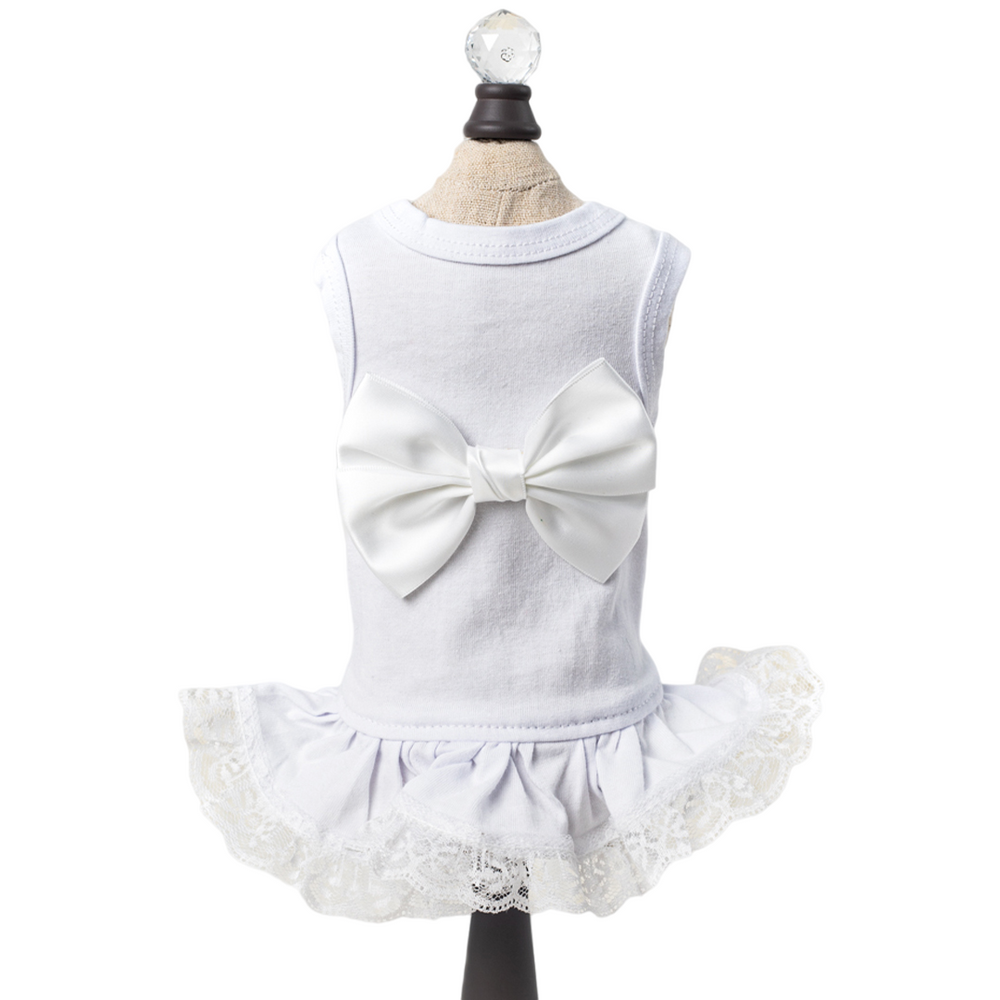 The image displays a white Hello Doggie Ballerina Dog Dress with a prominent bow and lace trim on the skirt