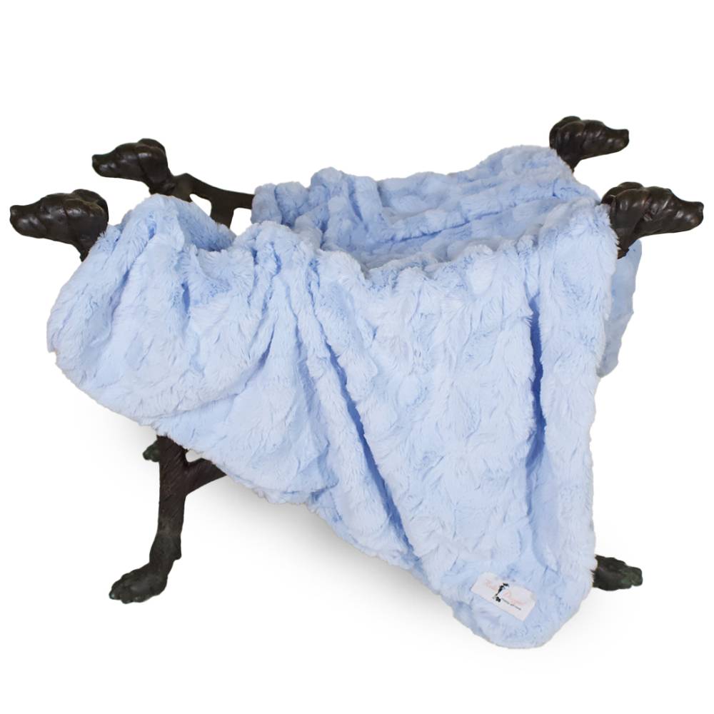 The image displays the Hello Doggie Bella Dog Blanket in baby blue, attractively draped over a dog-shaped leg stand
