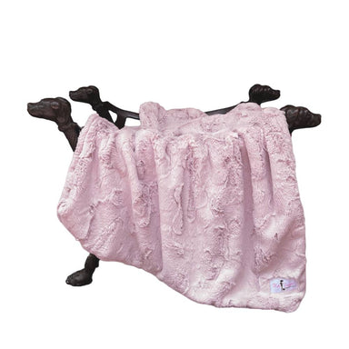 The image displays the Hello Doggie Dolce Vita Dog Blanket in a rosewater hue, arranged on a stylish dog-shaped stand