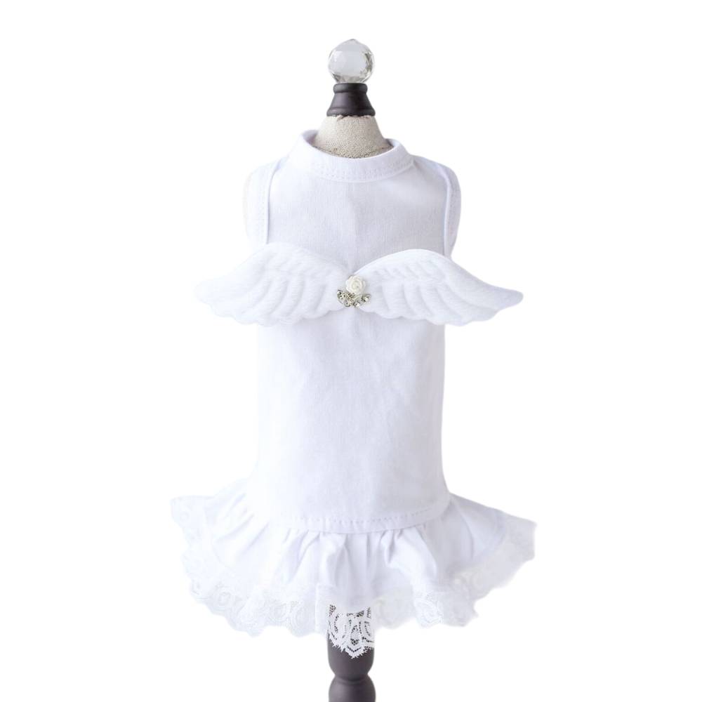 The image displays the Hello Doggie Lil' Angel Dog Dress on a mannequin, highlighting the detailed design with white angel wings and a lace skirt