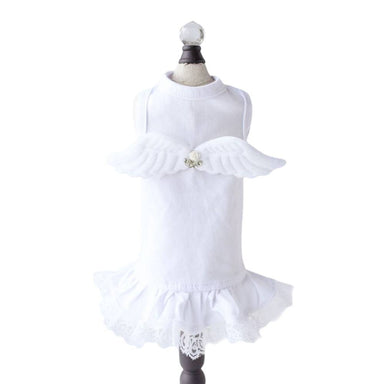 The image displays the Hello Doggie Lil' Angel Dog Dress on a mannequin, highlighting the detailed design with white angel wings and a lace skirt
