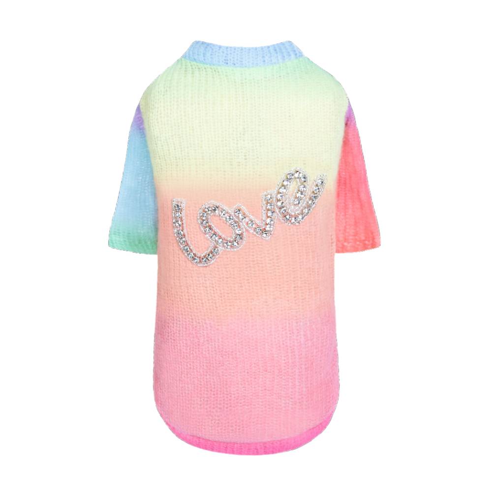 The image displays the Hello Doggie Love Dog Sweater with its colorful rainbow design and sparkling love beadwork on the back