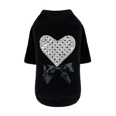 The image displays the Hello Doggie Oh My Heart Dog Sweater in full view, highlighting the glittering heart pattern and the black bow on the back of the sweater