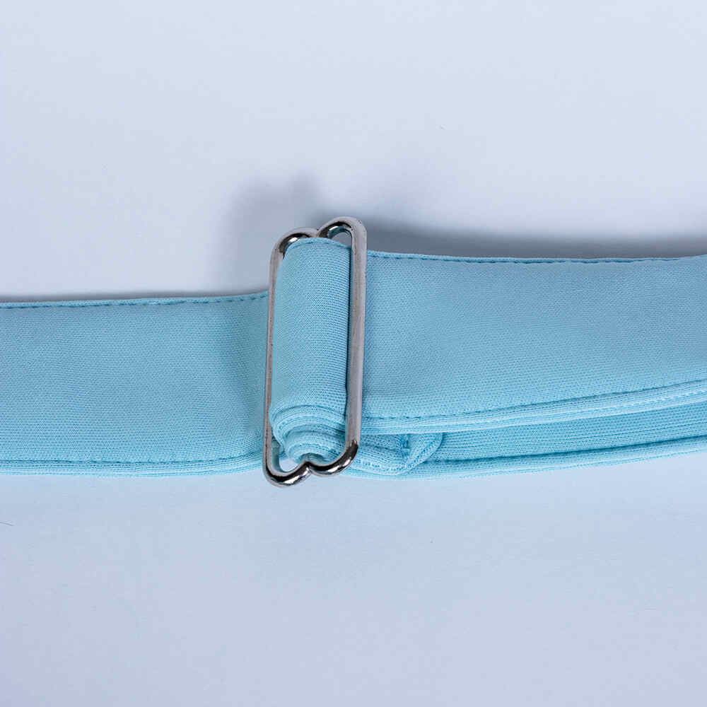 The image displays the adjustable strap of the Hello Doggie Signature Sling Dog Carrier in baby blue, ensuring a customizable fit