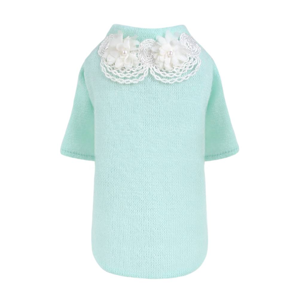 The image displays the back view of the Hello Doggie Sweet Magnolia Dog Sweater in mint, showcasing its stylish and soft appearance