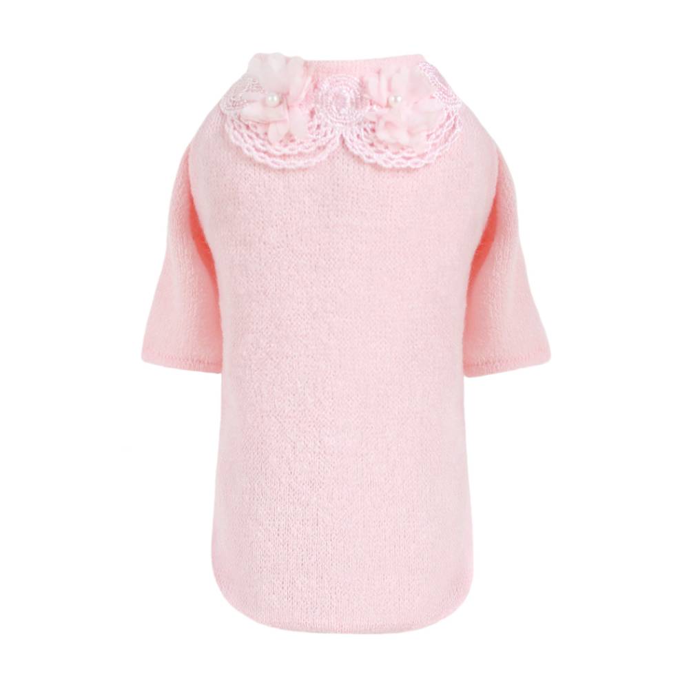 The image displays the back view of the Hello Doggie Sweet Magnolia Dog Sweater in pink, emphasizing its beautiful and feminine design
