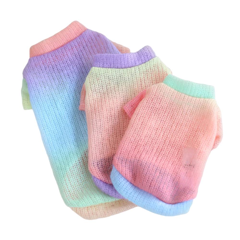 The image displays three sizes of the Hello Doggie Rainbow Dog Sweater, showcasing the variation in size and the same pastel gradient design