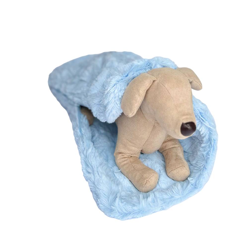 The image features a Hello Doggie Bella Pup Sleeping Bag in baby blue, with a plush toy dog inside it