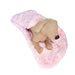 The image features a Hello Doggie Bella Pup Sleeping Bag in baby pink, with a plush toy dog inside it