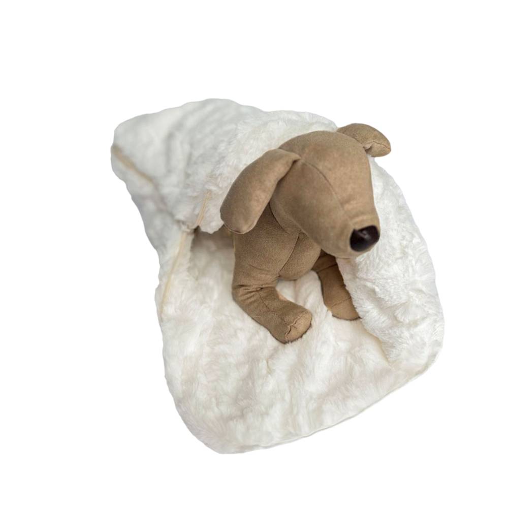 The image features a Hello Doggie Bella Pup Sleeping Bag in ivory, with a plush toy dog inside it