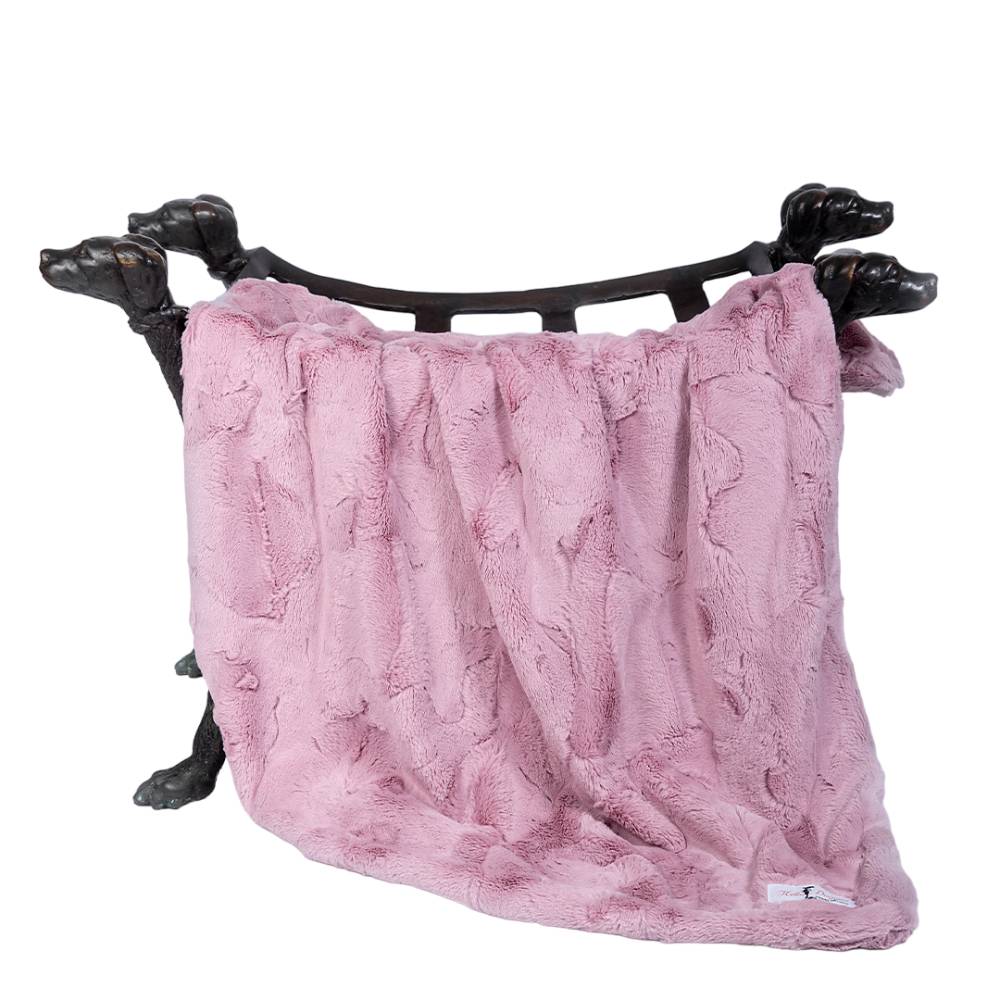 The image features a Hello Doggie Cuddle Dog Blanket in mauve color draped over a black dog-shaped frame