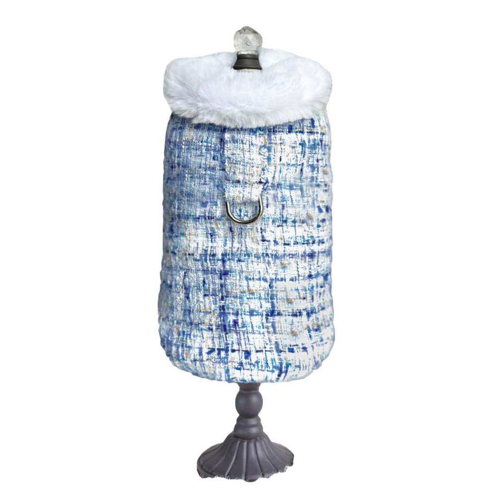 The image features a chic Hello Doggie Annabella Dog Coat in a sky color with a white fur collar