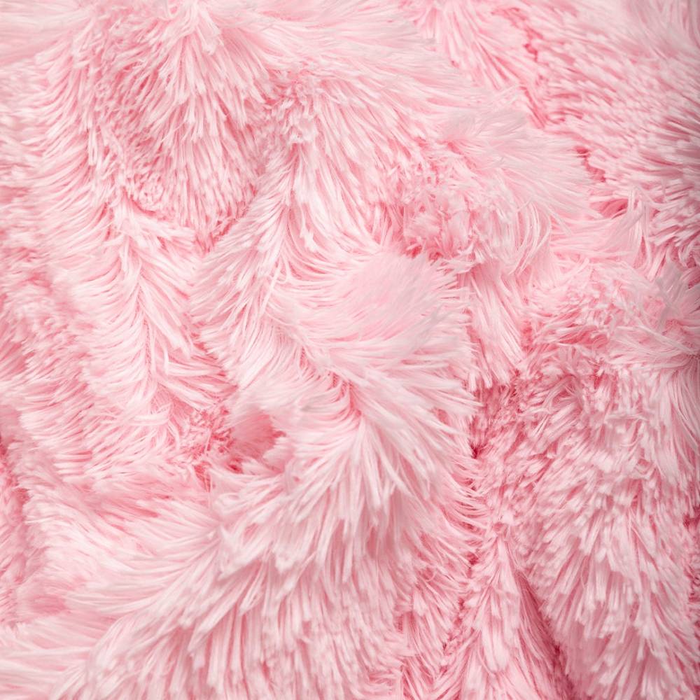 The image features a close-up of the pink-colored Hello Doggie Shag Throw Dog Blanket with a plush and cozy feel