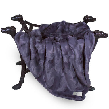 The image features a dark pewter gray Hello Doggie Luxe Dog Blanket elegantly displayed on a stylish dog-shaped stand