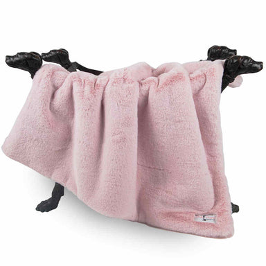 The image features a luxurious pink Hello Doggie Divine Plus Dog Blanket draped over a decorative frame with dog head designs at the corners