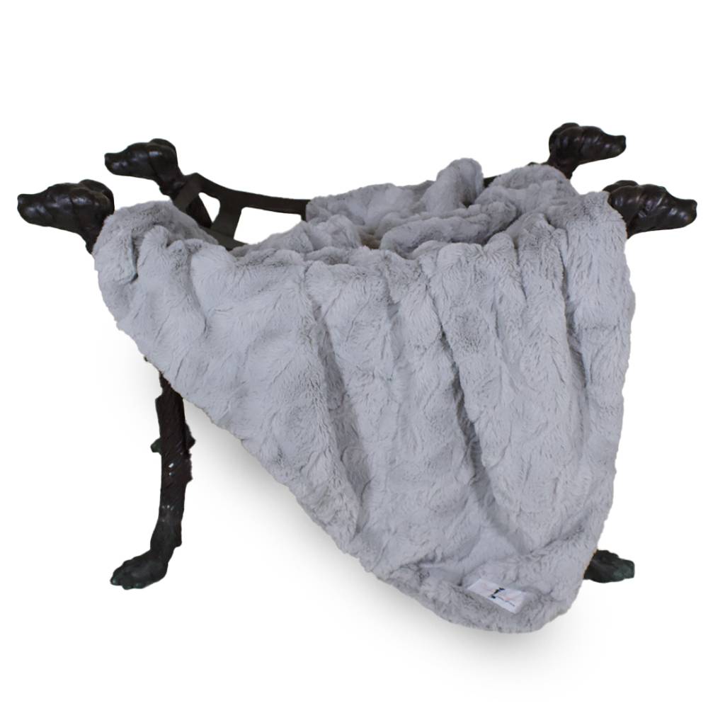 The image features the Hello Doggie Bella Dog Blanket in silver grey, tastefully displayed on a stand with dog-shaped legs
