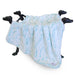 The image features the Hello Doggie Whisper Dog Blanket in aqua color, draped over four black dog head statues