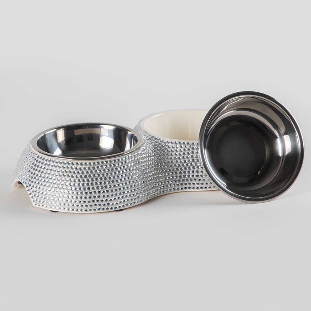 The image highlights a Hello Doggie Crystal Dining Bowl, featuring removable stainless steel bowls nested in a shiny, crystal-adorned base