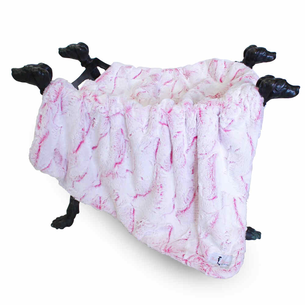The image highlights the Hello Doggie Whisper Dog Blanket in fuchsia color, arranged over four black dog head statues