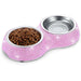 The image illustrates a Hello Doggie Crystal Dining Bowl in pink, filled with dog food in one bowl, emphasizing its practical yet glamorous design