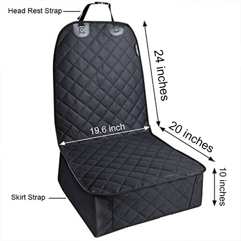 The image illustrates the dimensions and key features of the Paw PupProtector™ Front Seat Dog Car Seat Cover, including its headrest strap and skirt strap for secure installation