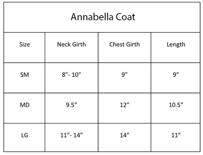 The image is a size chart for the Hello Doggie Annabella Dog Coat, detailing measurements for small, medium, and large sizes