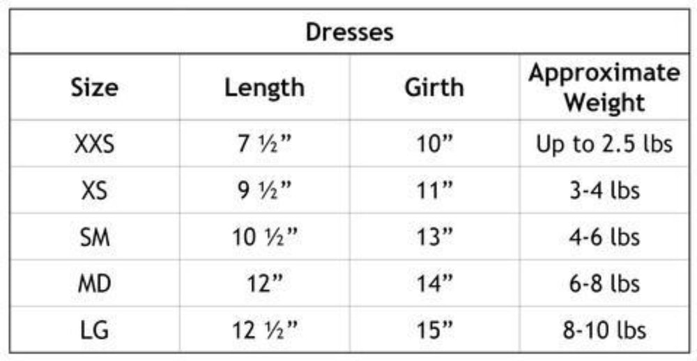 The image is a size chart for the Hello Doggie Ballerina Dog Dress, detailing sizes XXS to LG with corresponding length, girth, and approximate weight ranges