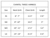 The image is a size chart for the Hello Doggie Chantel Tweed Dog Harness, displaying measurements for neck girth, chest girth, and length for sizes XS, SM, MD, and LG