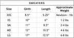 The image is a size chart for the Hello Doggie Dainty Bow Dog Sweater, detailing measurements for girth, length, and approximate weight for sizes ranging from XXS to LG