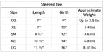 The image is a size chart for the Hello Doggie Doggie Dog Tee, listing sizes from XXS to LG with corresponding measurements for length, girth, and approximate weight