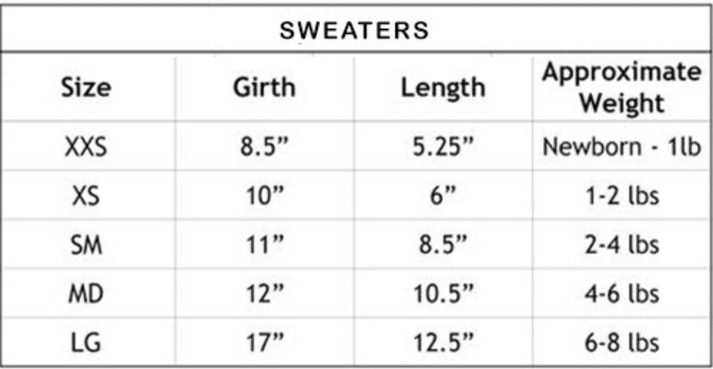 The image is a size chart for the Hello Doggie Oh My Heart Dog Sweater, providing measurements for girth, length, and approximate weight across different sizes from XXS to LG