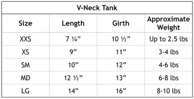 The image is a size chart for the Hello Doggie Service Dog Tank, listing sizes from XXS to LG, with corresponding measurements for length, girth, and approximate weight of the dog