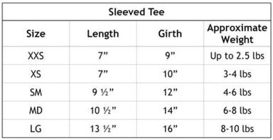 The image is a size chart for the Hello Doggie Service Dog Tee, listing sizes from XXS to LG with corresponding measurements for length, girth, and approximate weight