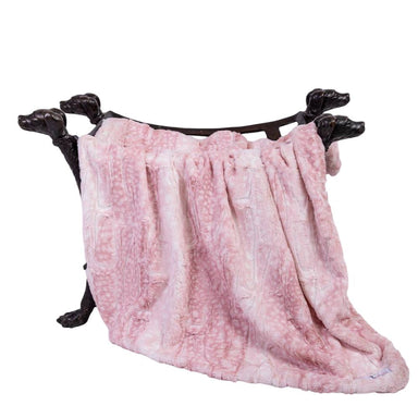 The image portrays a Hello Doggie Cashmere Dog Blanket in pink fawn color, beautifully draped over a black dog-shaped holder
