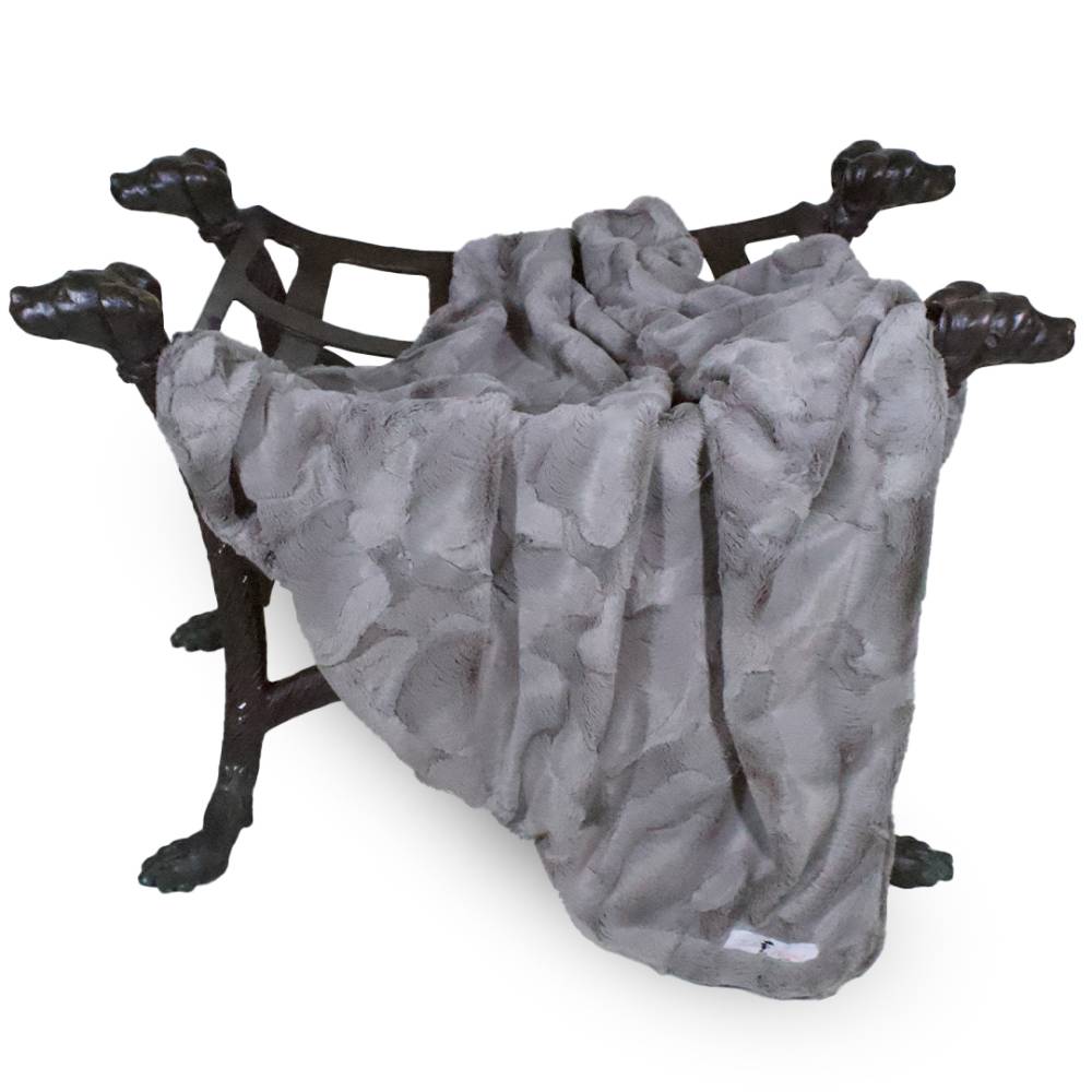 The image presents a taupe Hello Doggie Luxe Dog Blanket gracefully hung on a uniquely designed dog-shaped stand