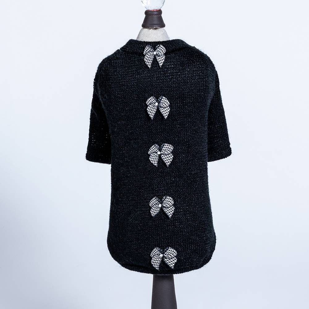 The image presents the Hello Doggie Houndstooth Dog Sweater on a mannequin, highlighting its stylish design with houndstooth bows running down the back