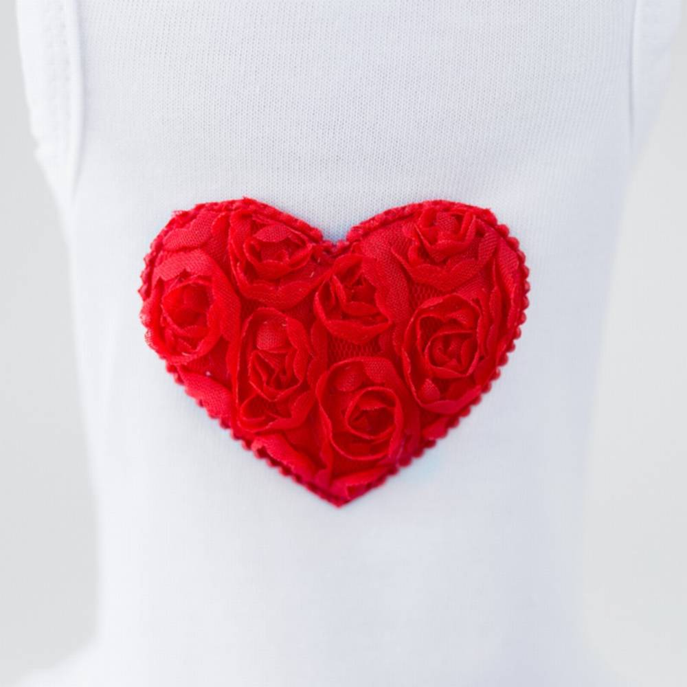 The image provides a close-up view of the red heart detail on the Hello Doggie Puff Heart Dog Dress, highlighting the textured rose pattern