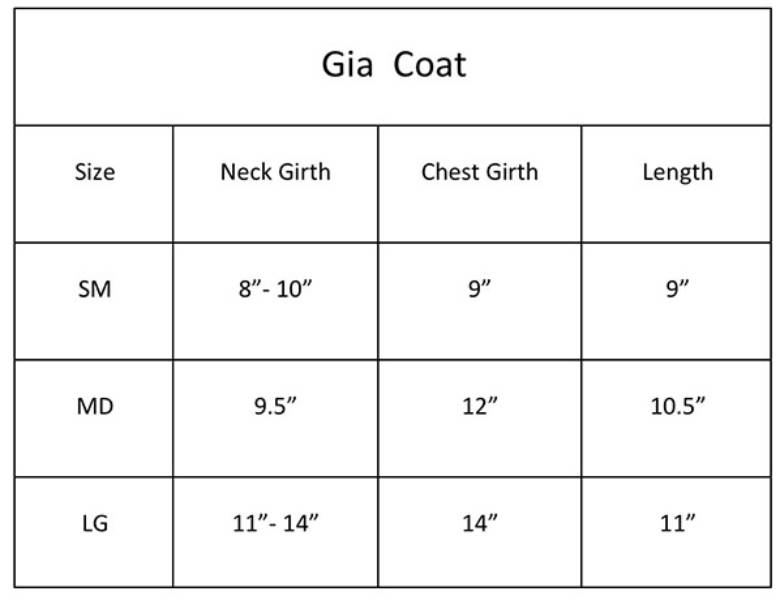 The image provides a size chart for the Hello Doggie Gia Dog Coat detailing the neck girth, chest girth, and length for sizes small, medium, and large