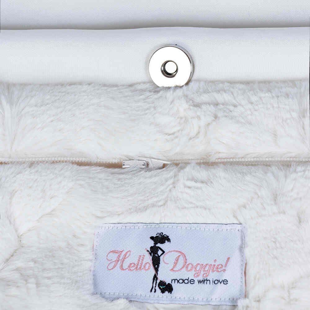 The image reveals the interior of the Hello Doggie Signature Sling Dog Carrier, featuring a plush, cozy lining in cream