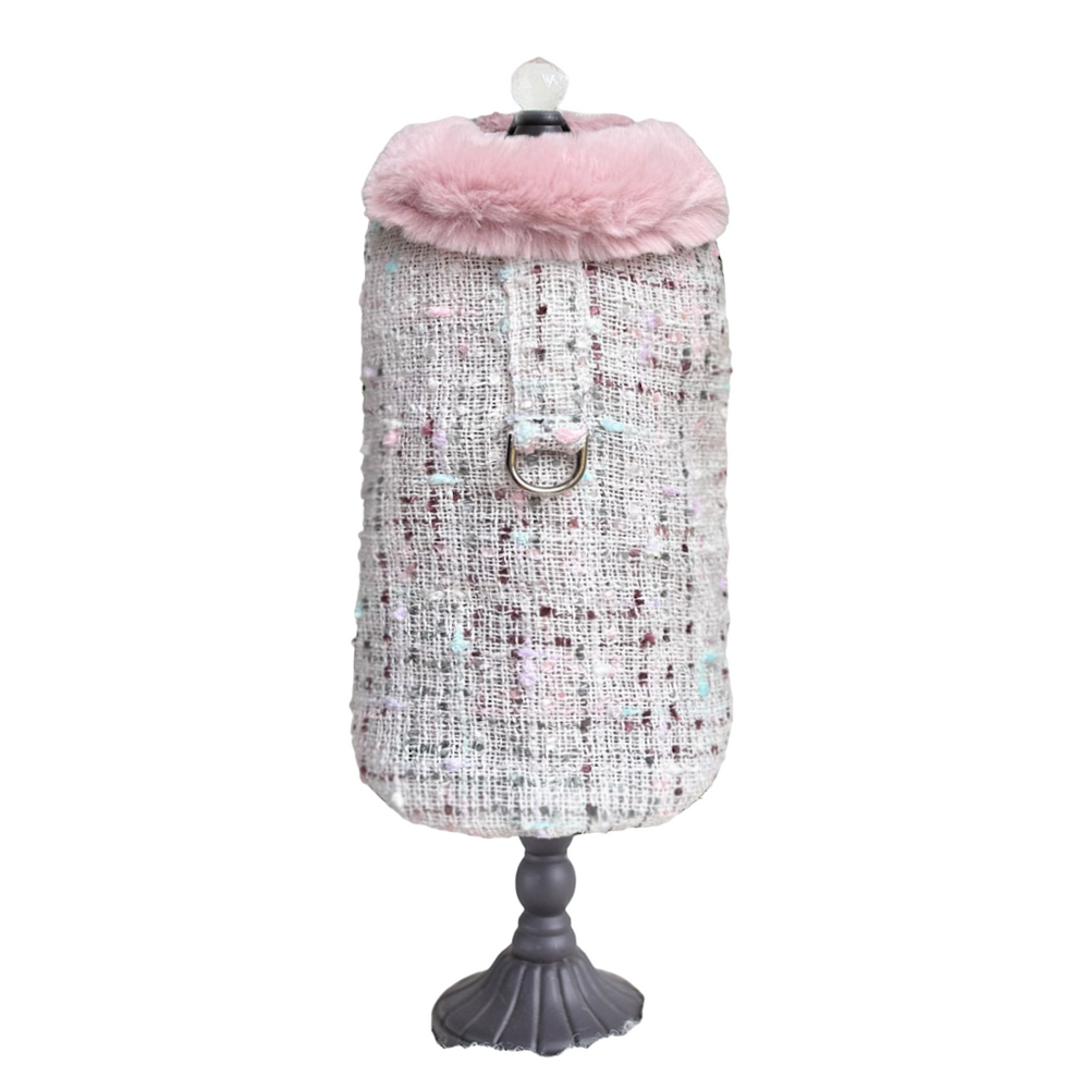 The image showcases a stylish Hello Doggie Annabella Dog Coat in a whisper color with a pink fur collar