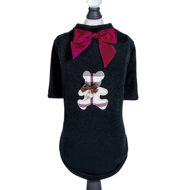 The image showcases a stylish black dog tee called the Hello Doggie Burberry Bear Dog Tee adorned with a maroon bow and an embroidered bear design