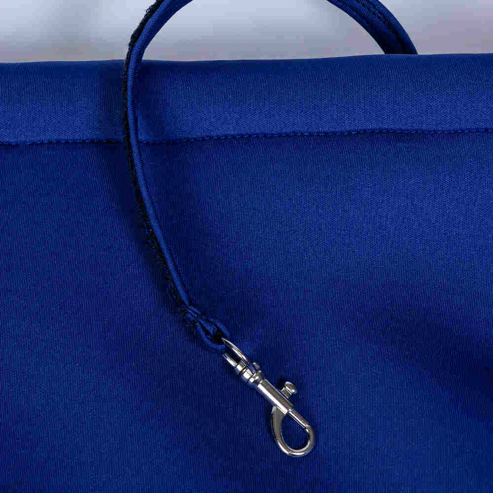 The image showcases the safety tether inside the Hello Doggie Signature Sling Dog Carrier in blue, providing added security for your pet
