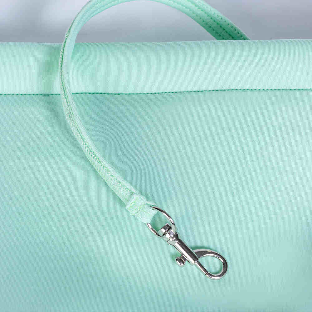 The image showcases the safety tether inside the Hello Doggie Signature Sling Dog Carrier in mint, ensuring your pet's safety