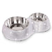 The image shows a Hello Doggie Crystal Dining Bowl with two stainless steel bowls set in a sparkling crystal-covered base