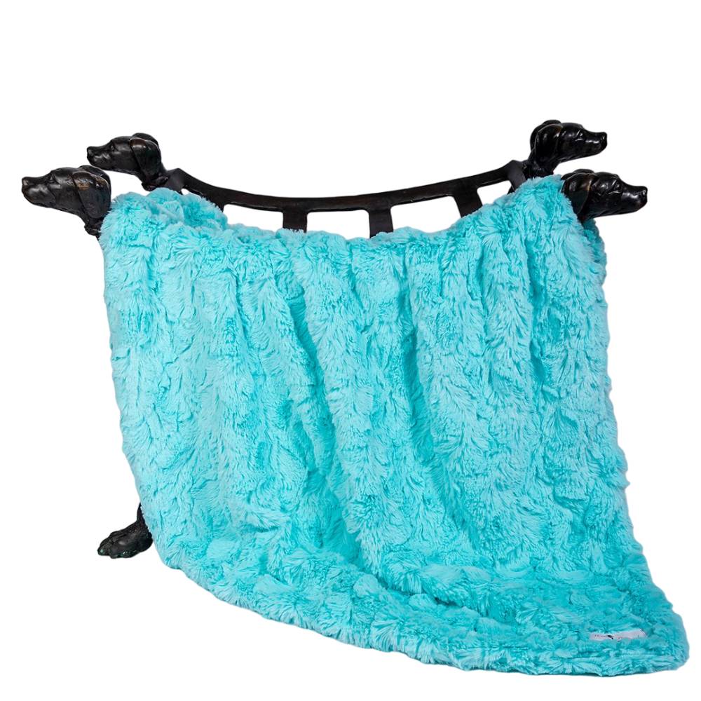 The image shows a Hello Doggie Cuddle Dog Blanket in aquamarine color draped over a black dog-shaped frame