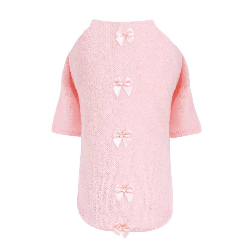The image shows a Hello Doggie Dainty Bow Dog Sweater in light pink with four pink bows aligned vertically down the back